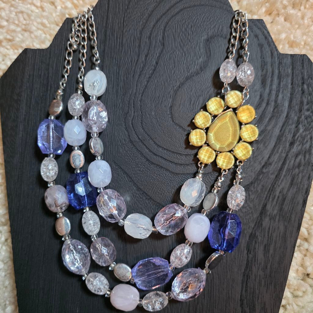 Vtg NY Multi-Stand Amethyst Clear Bead and Teardrop Agate Slice Pendant Necklace